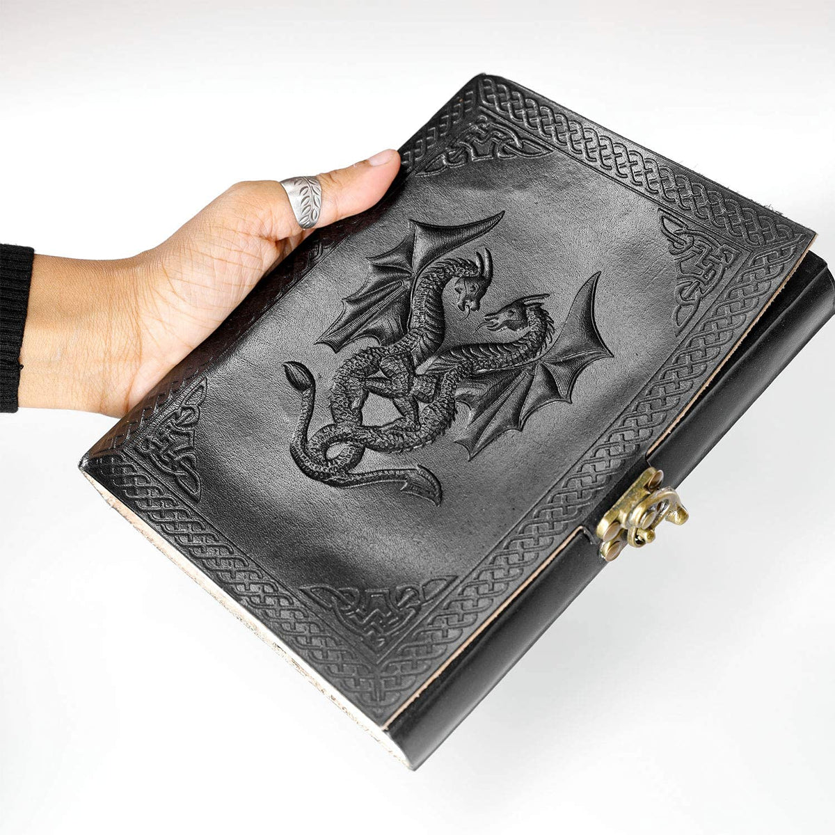 Handmade Leather Double Dragon Journal/Writing Notebook Diary/Bound Daily Notepad for Men & Women Unlined Paper Medium, Writing pad Gift for Artist, Sketch (8 x 6, Black)