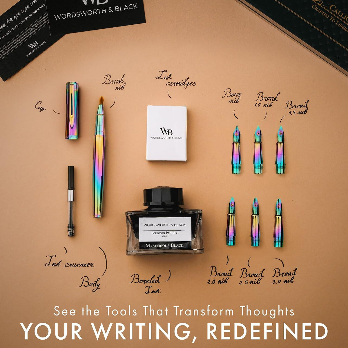 Wordsworth & Black Luxury Calligraphy Pen Set for Writing, 6 Nibs, Rainbow