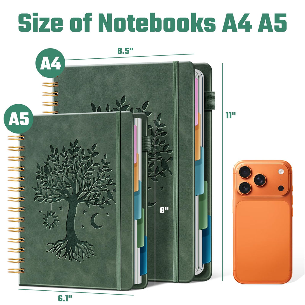 Ovesmusl Hardcover Spiral Notebook 8.5" x 11" with 5 Removable Dividers 300 Pages Leather 5 Subject Notebook College Ruled 100GSM Large Spiral Notebooks for Work Thick Lined Journal for Women, Green
