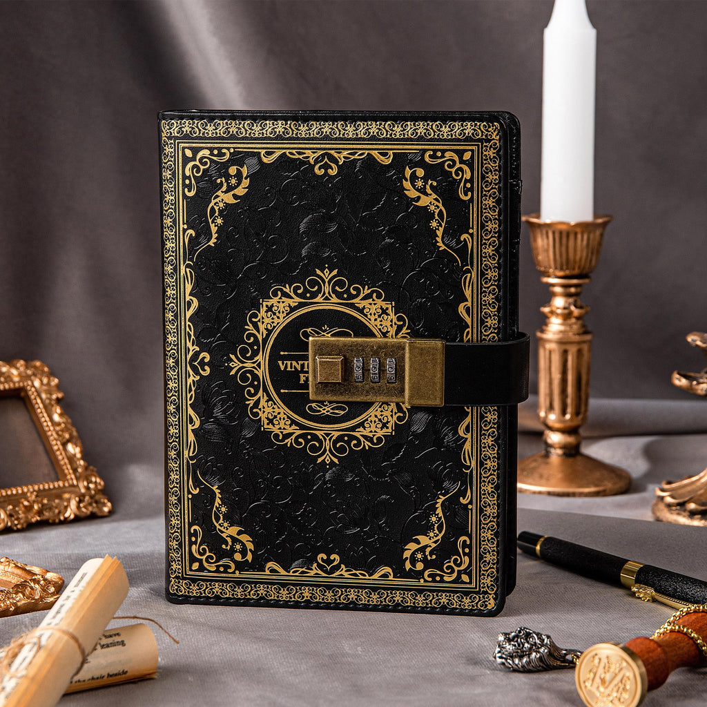 Vintage Leather Journal Notebook with Combination Lock, B6 Embossed Flower Secret Diary Ruled Lined Paper for Writing, Gift for Women Girls Children (Purple)