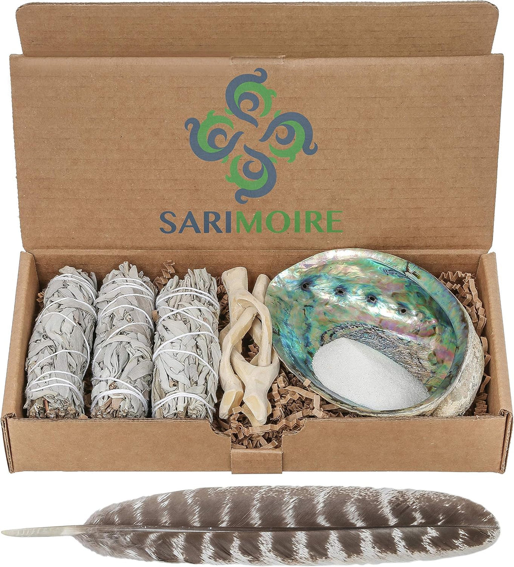 Sage Smudge Kit - White Sage Smudge Sticks ~ Abalone Shell 5-6 in ~ 2 in Tripod Stand ~ 10-12 in Feather and White Sand ~ The Perfect Smudge Kit