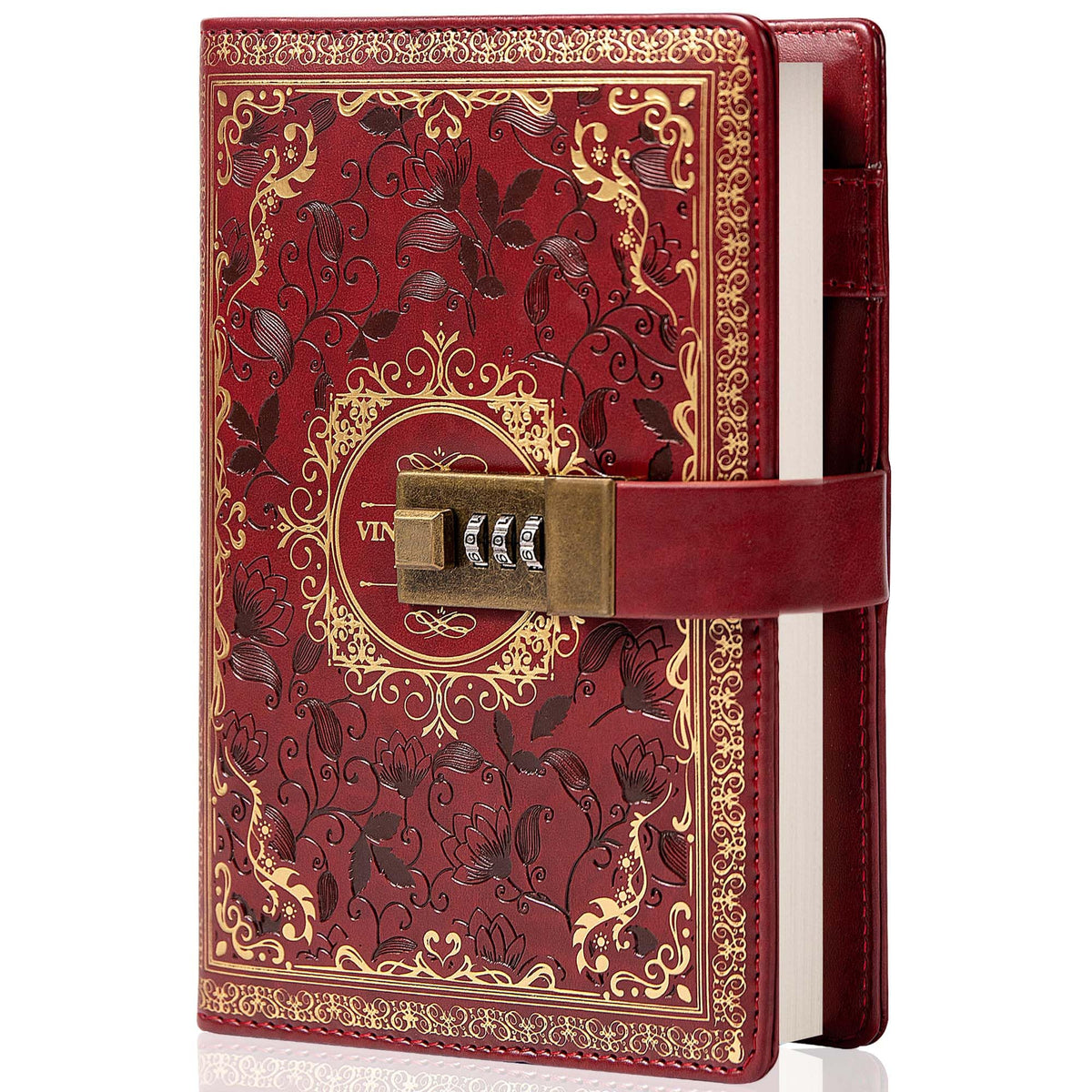 Vintage Leather Journal Notebook with Combination Lock, B6 Embossed Flower Secret Diary Ruled Lined Paper for Writing, Gift for Women Girls Children (Purple)