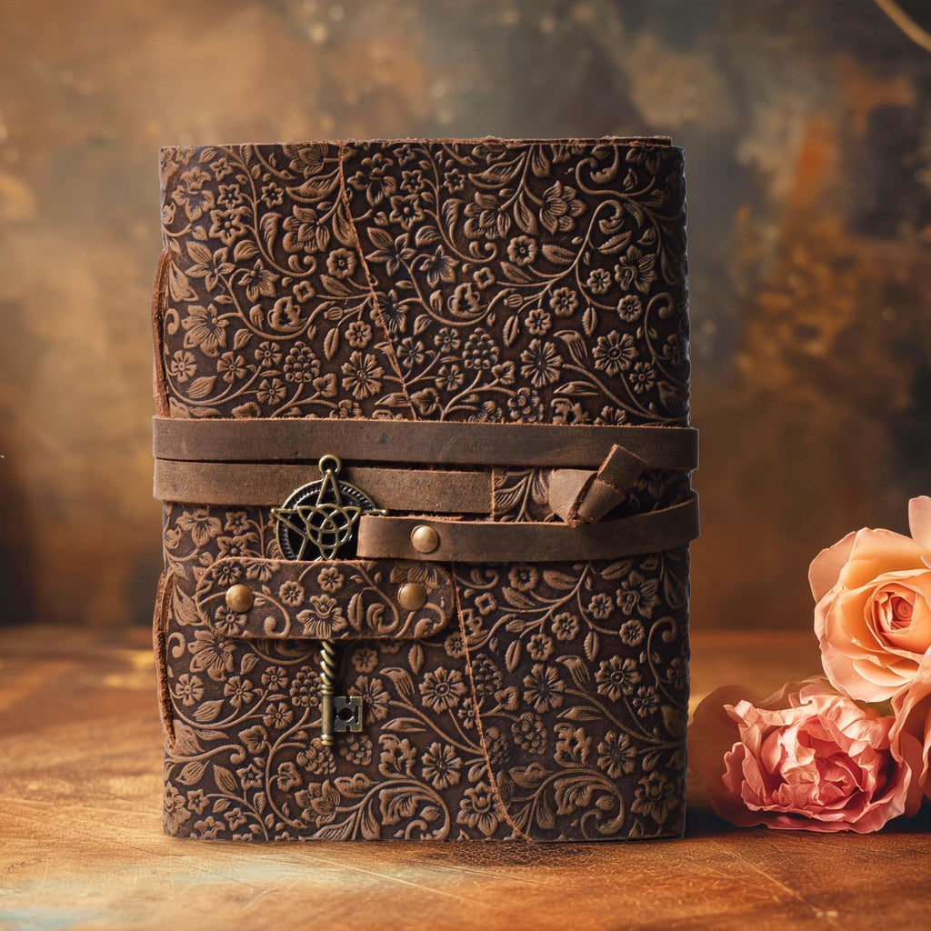 LEATHER VILLAGE Wiccan Journal Floral Pentagram, Green 7x5