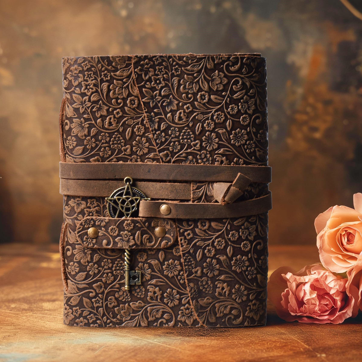 LEATHER VILLAGE Wiccan Journal Floral Pentagram, Green 7x5