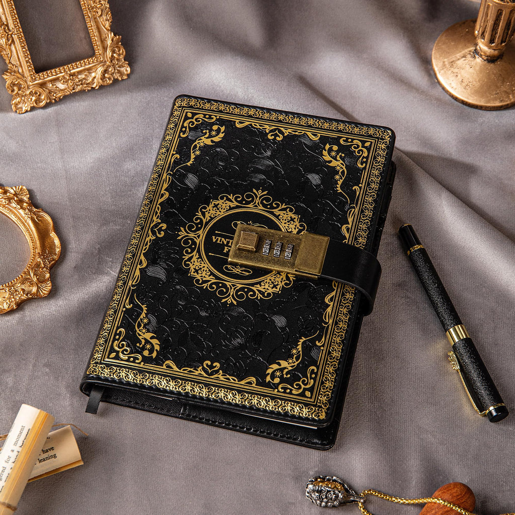 Vintage Leather Journal Notebook with Combination Lock, B6 Embossed Flower Secret Diary Ruled Lined Paper for Writing, Gift for Women Girls Children (Purple)