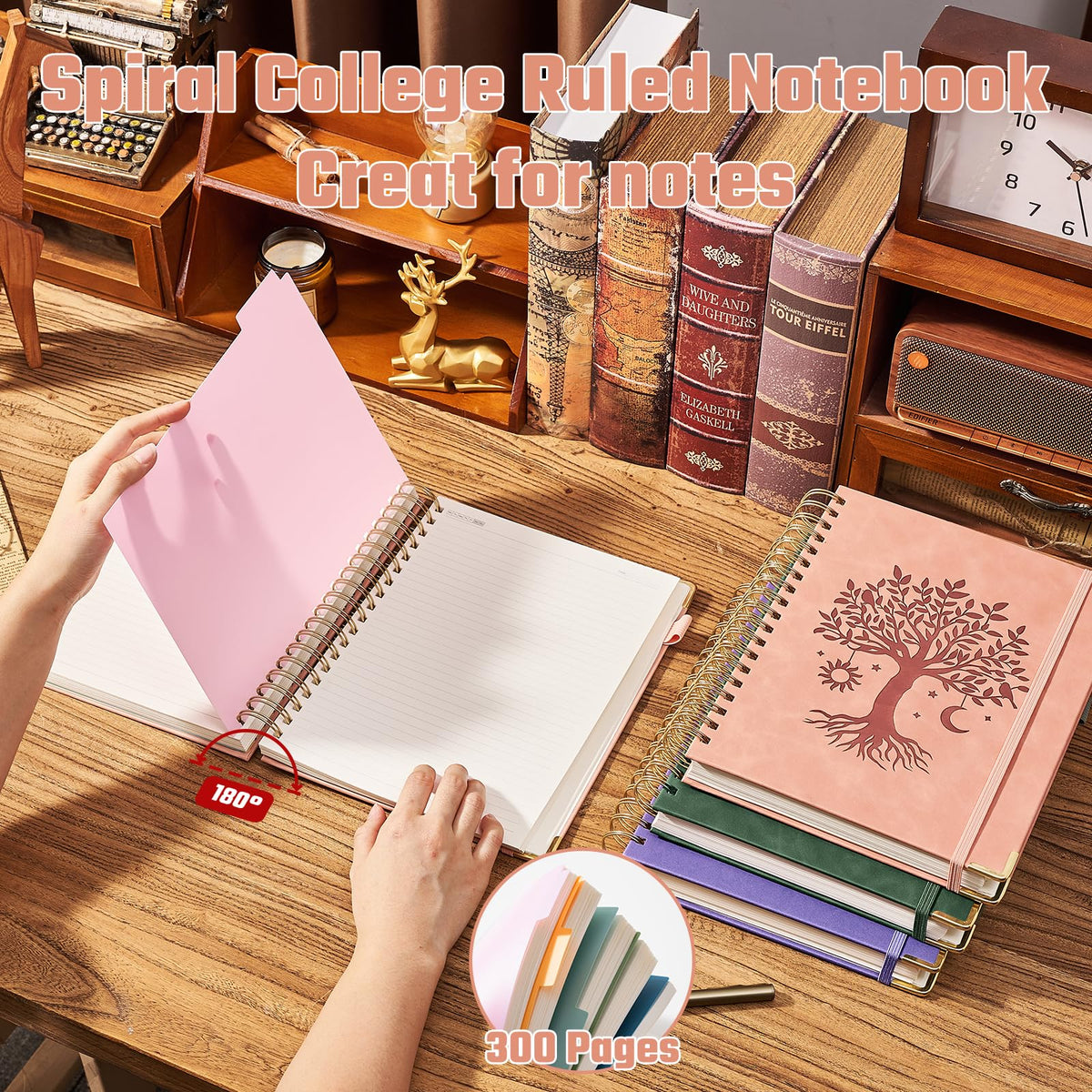Ovesmusl Hardcover Spiral Notebook 8.5" x 11" with 5 Removable Dividers 300 Pages Leather 5 Subject Notebook College Ruled 100GSM Large Spiral Notebooks for Work Thick Lined Journal for Women, Green
