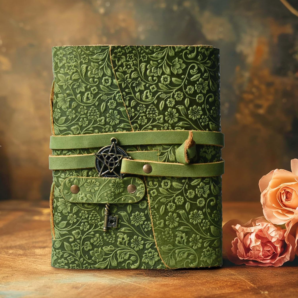LEATHER VILLAGE Wiccan Journal Floral Pentagram, Green 7x5