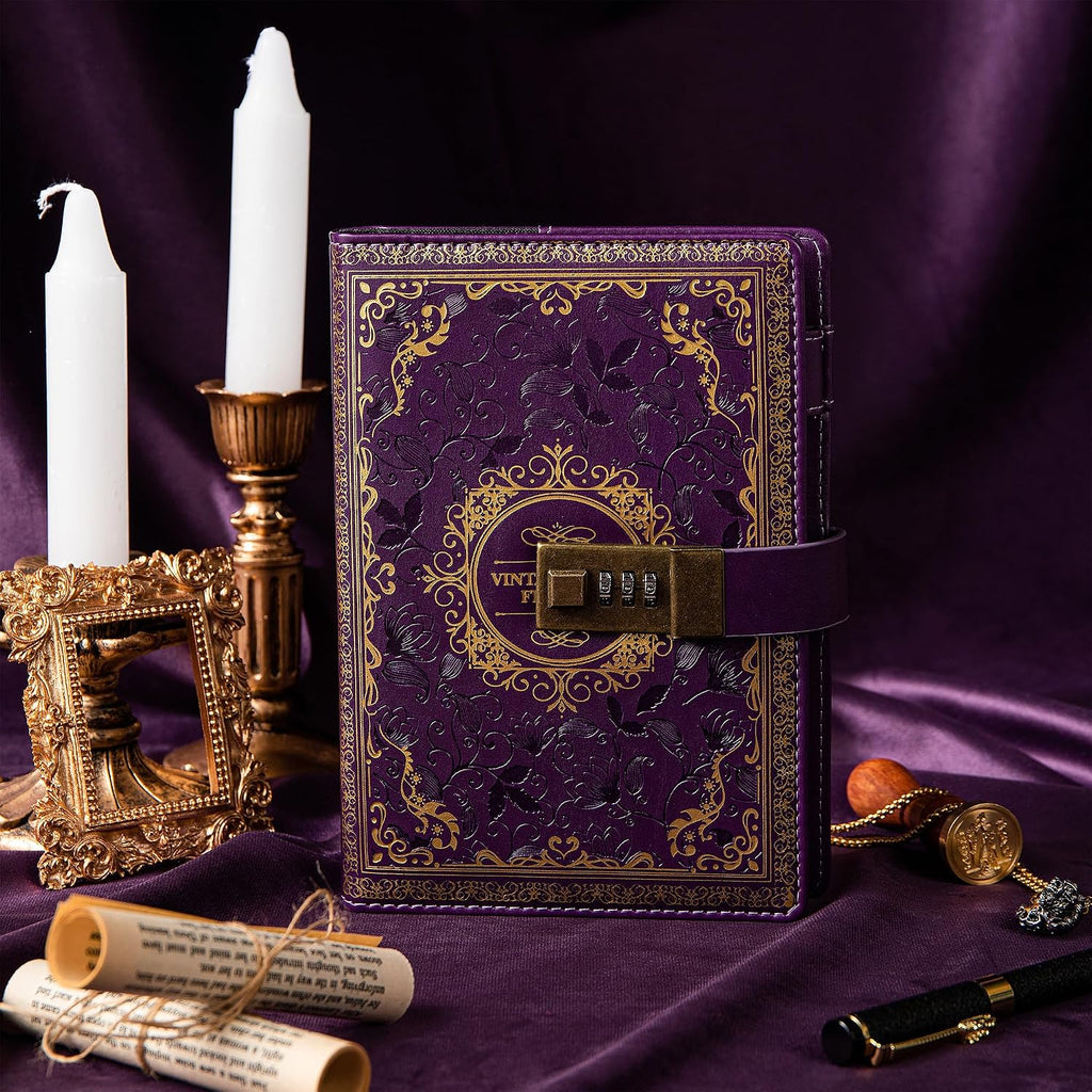 Vintage Leather Journal Notebook with Combination Lock, B6 Embossed Flower Secret Diary Ruled Lined Paper for Writing, Gift for Women Girls Children (Purple)