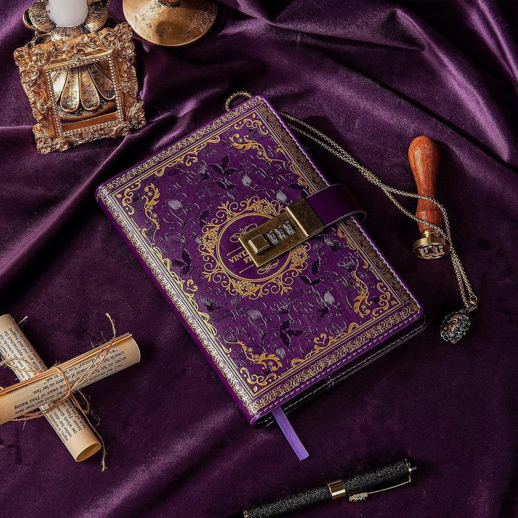 Vintage Leather Journal Notebook with Combination Lock, B6 Embossed Flower Secret Diary Ruled Lined Paper for Writing, Gift for Women Girls Children (Purple)