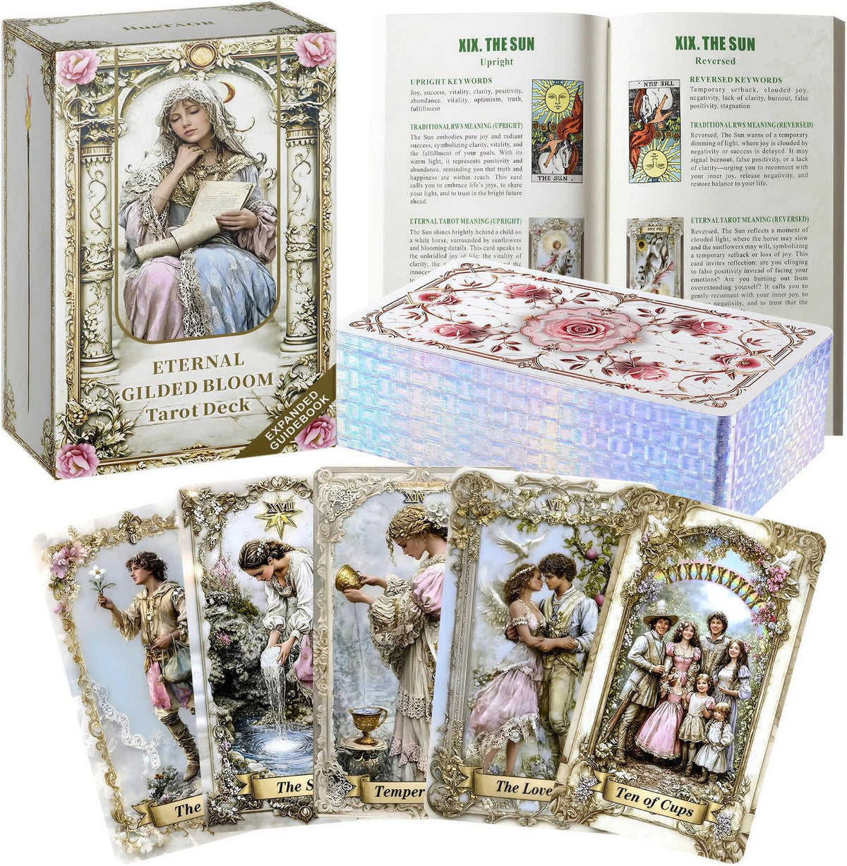 Eternal Gilded Bloom Tarot Cards for Beginners with Guidebook Traditional & Classic Tarot Deck Victorian-Inspired Unique Vintage Art Holographic Gilded Edges 400GSM 78 Cards