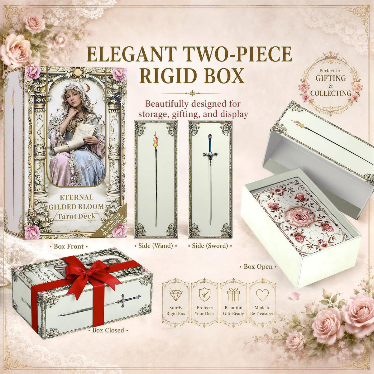 Eternal Gilded Bloom Tarot Cards for Beginners with Guidebook Traditional & Classic Tarot Deck Victorian-Inspired Unique Vintage Art Holographic Gilded Edges 400GSM 78 Cards