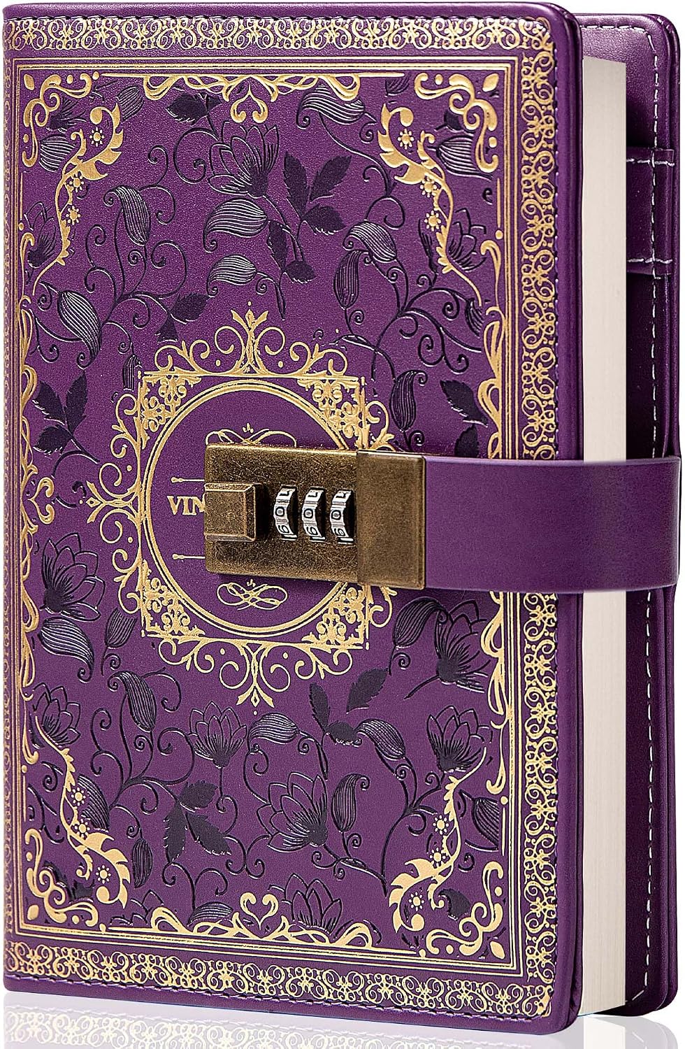 Vintage Leather Journal Notebook with Combination Lock, B6 Embossed Flower Secret Diary Ruled Lined Paper for Writing, Gift for Women Girls Children (Purple)