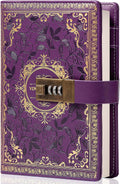 Vintage Leather Journal Notebook with Combination Lock, B6 Embossed Flower Secret Diary Ruled Lined Paper for Writing, Gift for Women Girls Children (Purple)