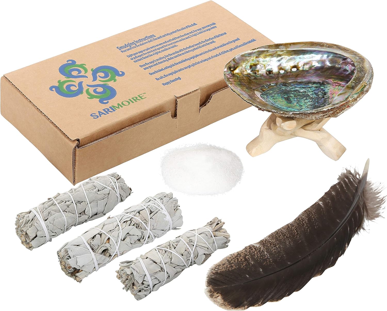 Sage Smudge Kit - White Sage Smudge Sticks ~ Abalone Shell 5-6 in ~ 2 in Tripod Stand ~ 10-12 in Feather and White Sand ~ The Perfect Smudge Kit