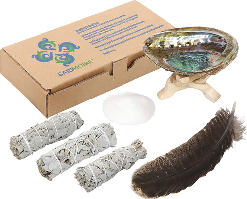 Sage Smudge Kit - White Sage Smudge Sticks ~ Abalone Shell 5-6 in ~ 2 in Tripod Stand ~ 10-12 in Feather and White Sand ~ The Perfect Smudge Kit