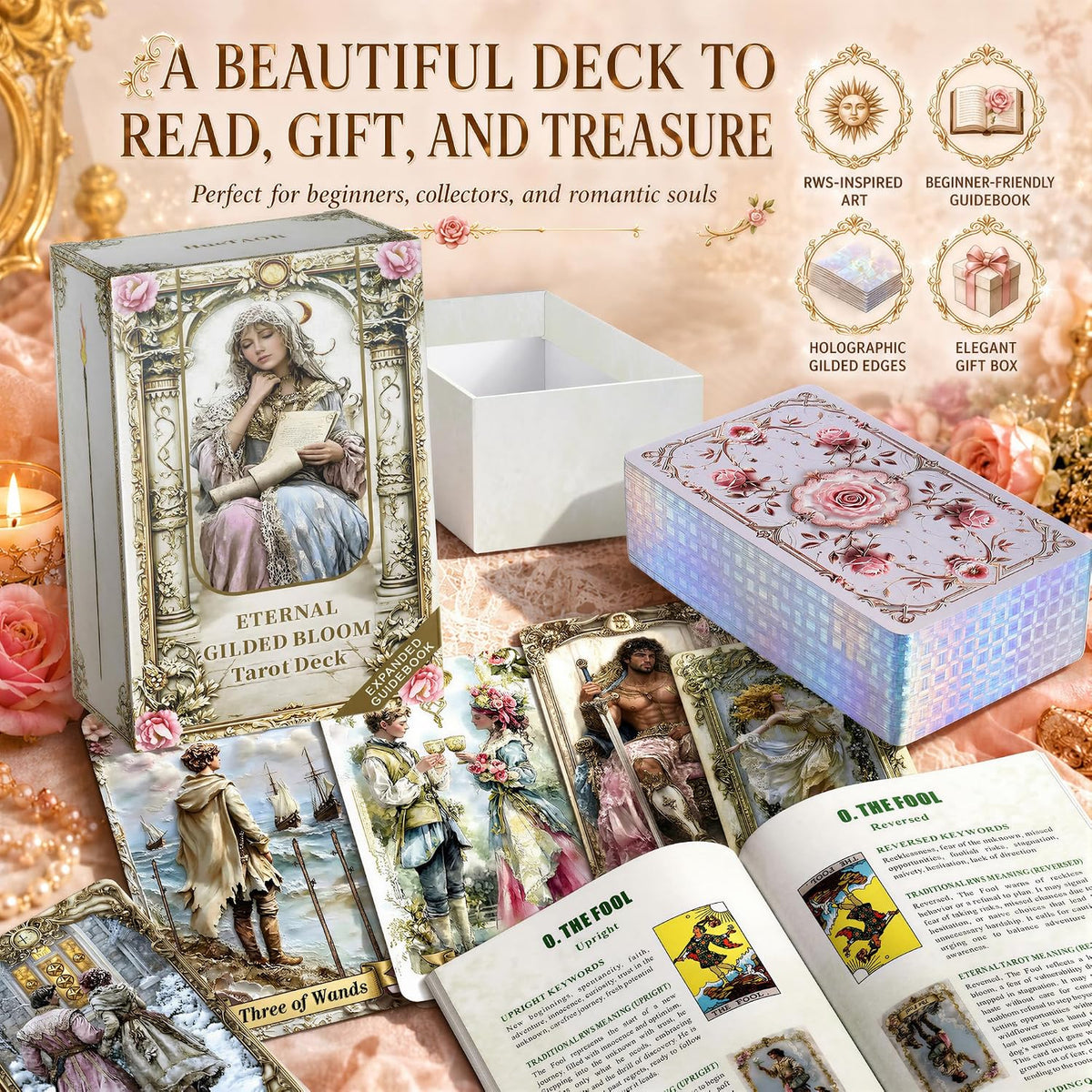 Eternal Gilded Bloom Tarot Cards for Beginners with Guidebook Traditional & Classic Tarot Deck Victorian-Inspired Unique Vintage Art Holographic Gilded Edges 400GSM 78 Cards
