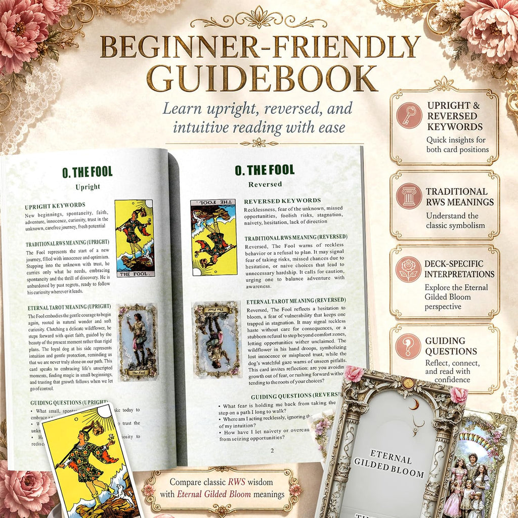 Eternal Gilded Bloom Tarot Cards for Beginners with Guidebook Traditional & Classic Tarot Deck Victorian-Inspired Unique Vintage Art Holographic Gilded Edges 400GSM 78 Cards
